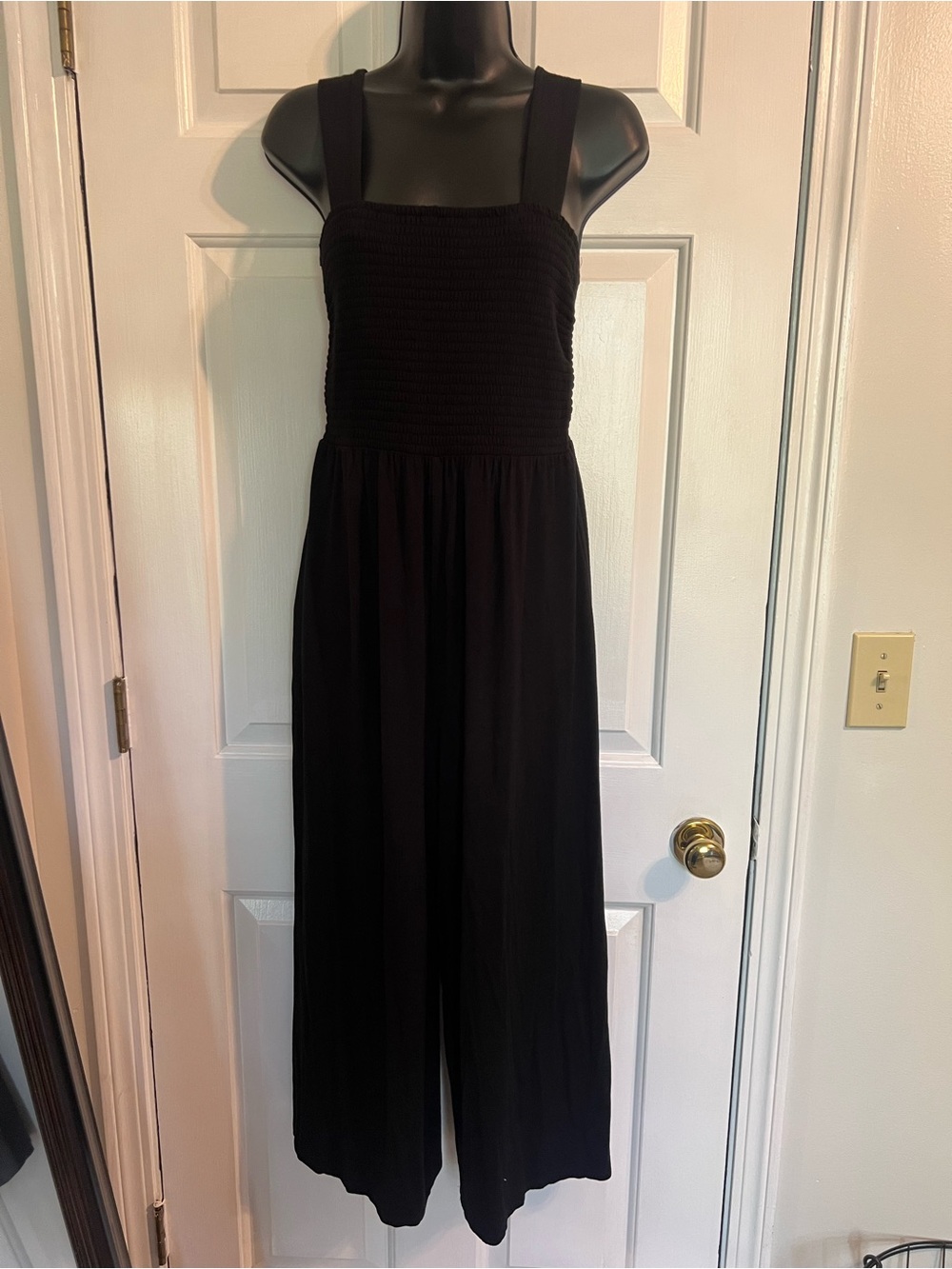 LOFT Black Smocked Wide-Strap Jumpsuit